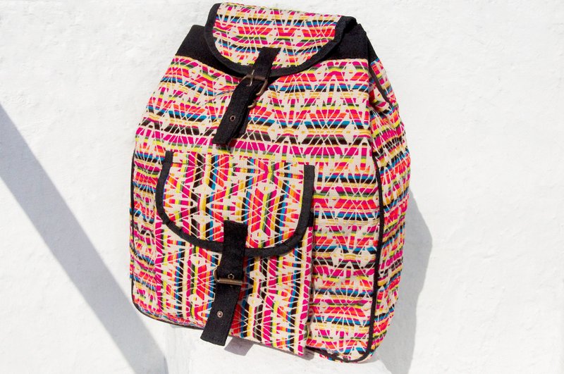 手工针织布拼接设计后背包 / 肩背包 / 民族后背包 / Boho民族图腾包 - 热带雨林 撞色几何 民族后背包 - 后背包/双肩包 - 棉．麻 多色