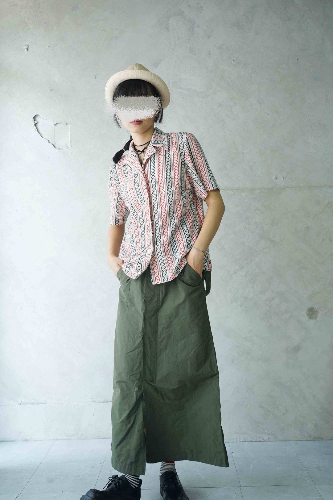 寻宝古着-复古锁链拓印印花厚针织开襟复古衬衫 - 女装衬衫 - 聚酯纤维 白色