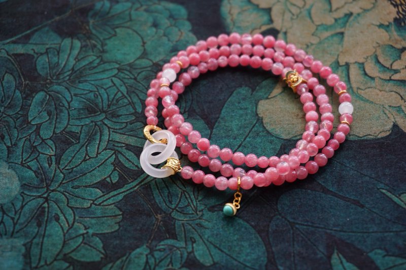 天然樱花雨手链 搭配925银镶和田白玉环环相扣 生日礼物 送女生 - 手链/手环 - 玉石 