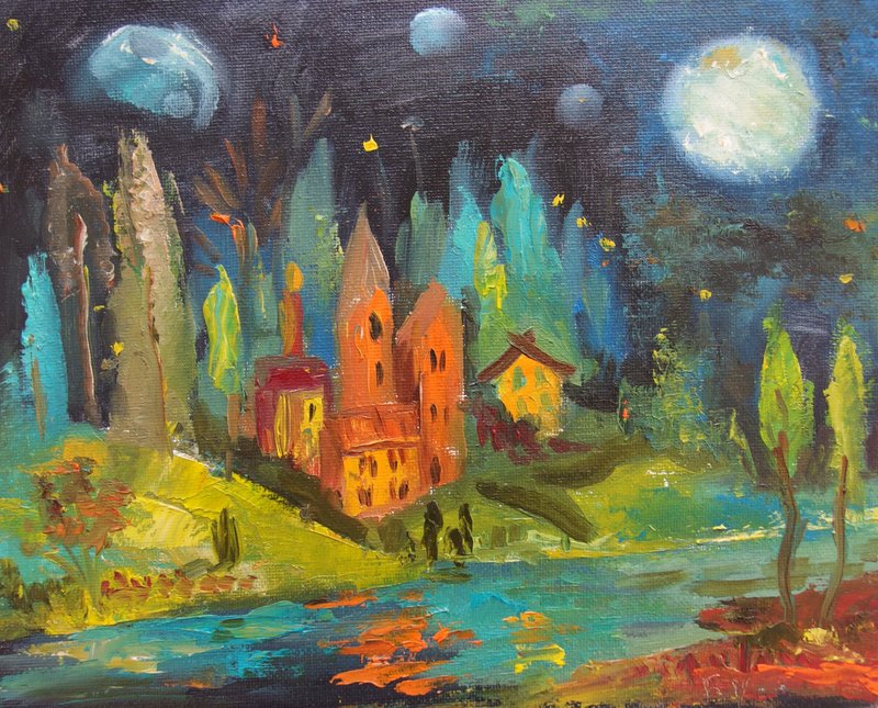 油画厚涂-夜生活-月下森林中的幻想村庄 - 墙贴/壁贴 - 其他材质 黑色