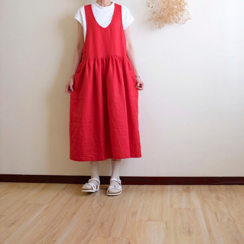 日常手作服  热情元气红亚麻口袋背心洋装  亚麻 - 洋装/连衣裙 - 棉 红色