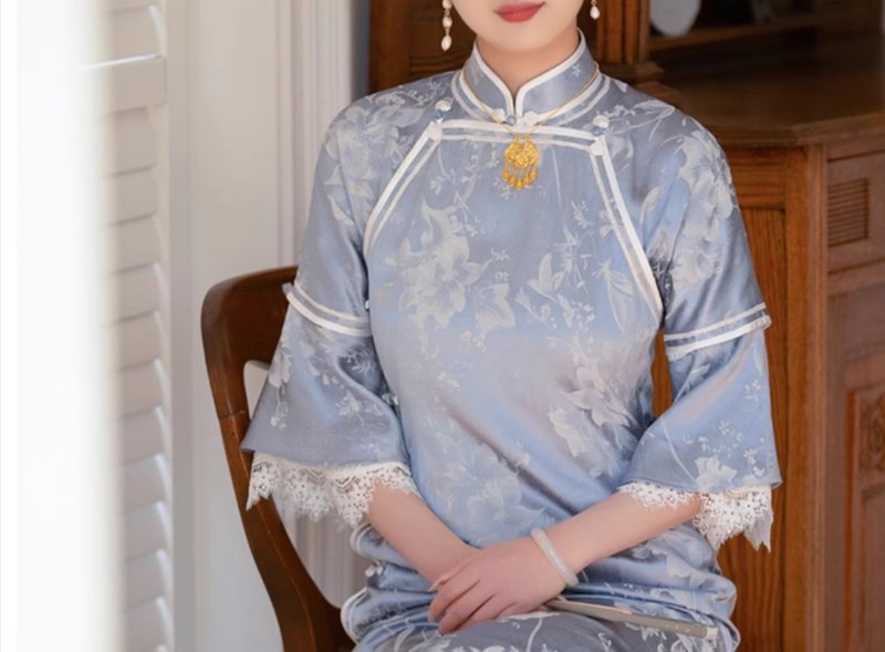 【玉生花】 新中式復古 可脱卸/古法双襟旗袍 - 旗袍 - 其他材质 蓝色
