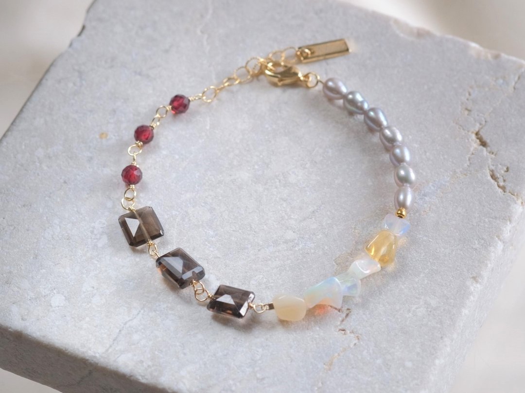 Opal 手链 天然石 Opal 手链 淡水灰珍珠 Smoky Quartz 红石榴石 - 手链/手环 - 宝石 红色
