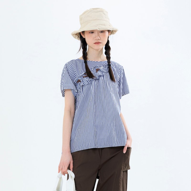 乱流斜裁装饰细条纹上衣 - 女装上衣 - 棉．麻 蓝色