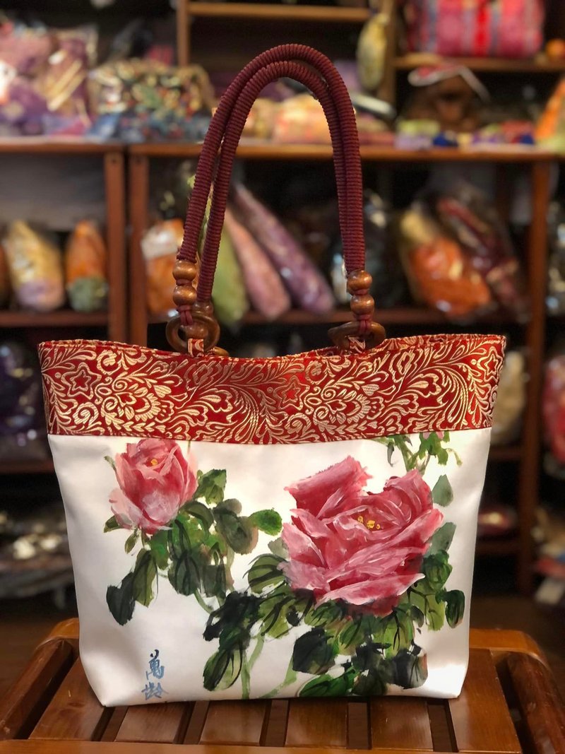 客制情人节单品手绘红玫瑰大Tote包 - 侧背包/斜挎包 - 丝．绢 多色