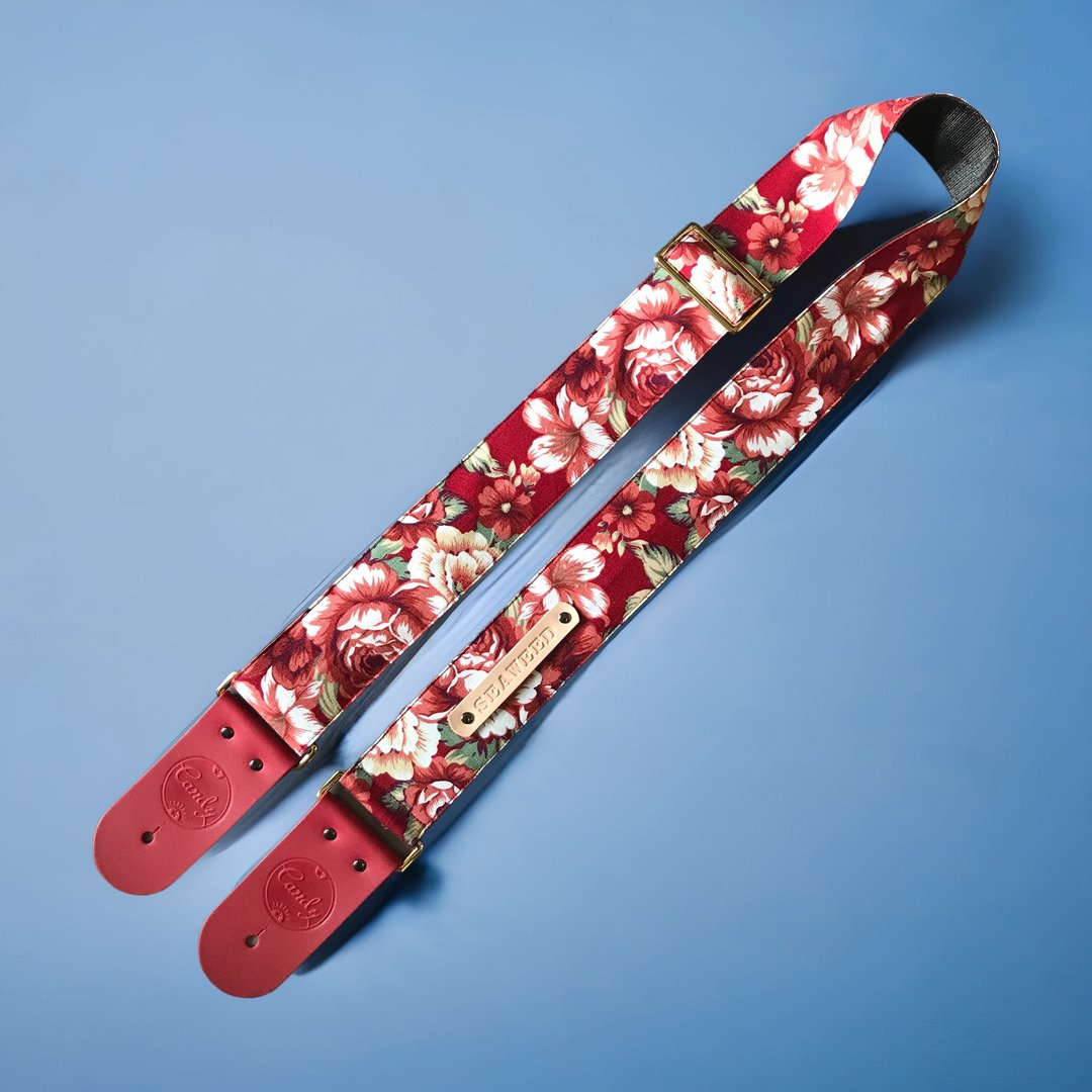 Red Flora  Guitar Strap, Genuine Leather Guitar Strap - 其他 - 棉．麻 红色