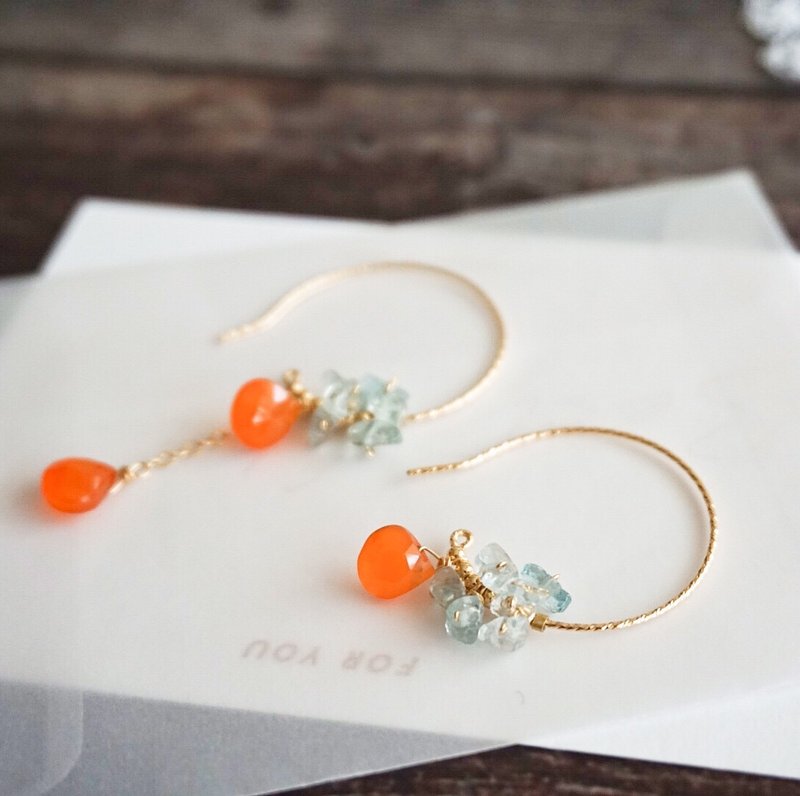 天然海蓝宝与橙玉髓日系不对称手工耳环agete风 - 耳环/耳夹 - 半宝石 