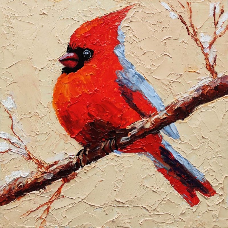 Cardinal 原创油画 Red 雀 on Branch Wall Art Mini Art 油画 油画原作 - 海报/装饰画/版画 - 其他材质 多色