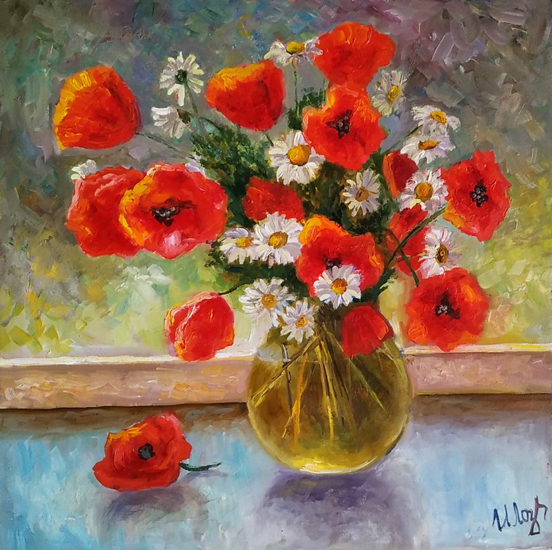 Poppy and Daisy Painting Original Art Flowers Bouquet Floral Still Life Artwork - 海报/装饰画/版画 - 其他材质 红色
