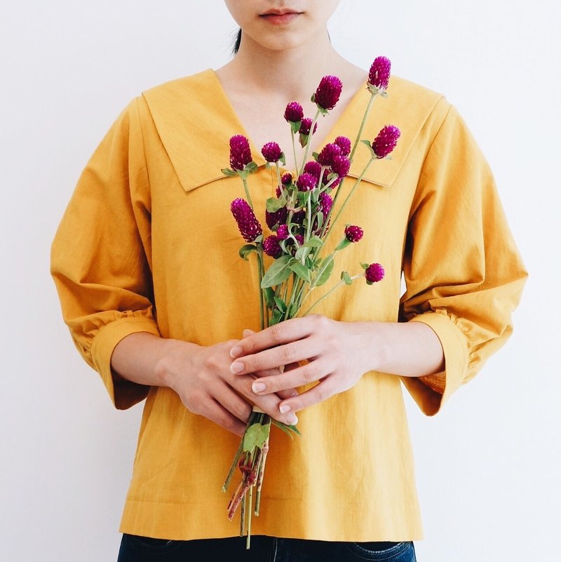 上衣1号 - 暖春芥末色宽领 七分袖上衣 - 女装上衣 - 棉．麻 橘色