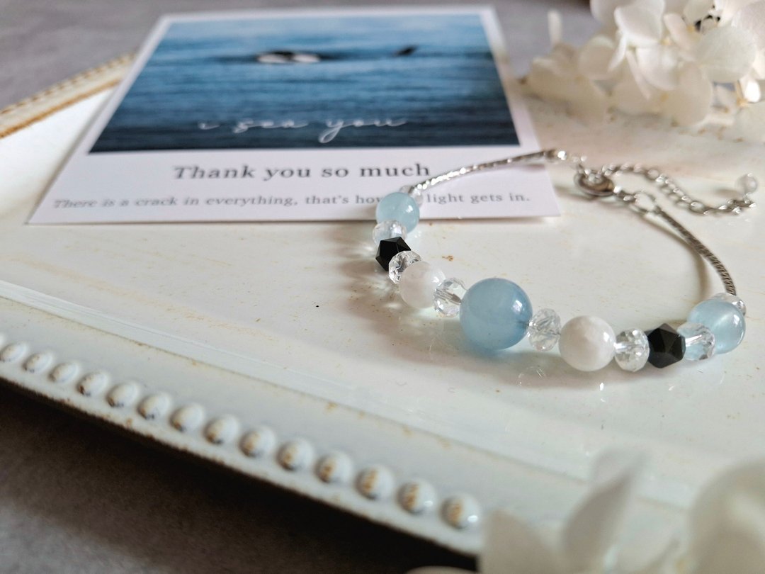 i sea you－虎鲸－海蓝宝、黑曜石、白水晶、白色雪花幽灵 - 手链/手环 - 半宝石 白色