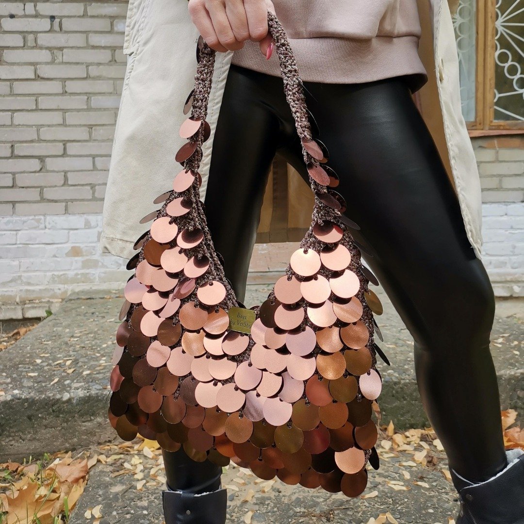 Brown Baguette bag crochet, vintage sequin bag, tote bag,  ita bag - 手提包/手提袋 - 其他材质 