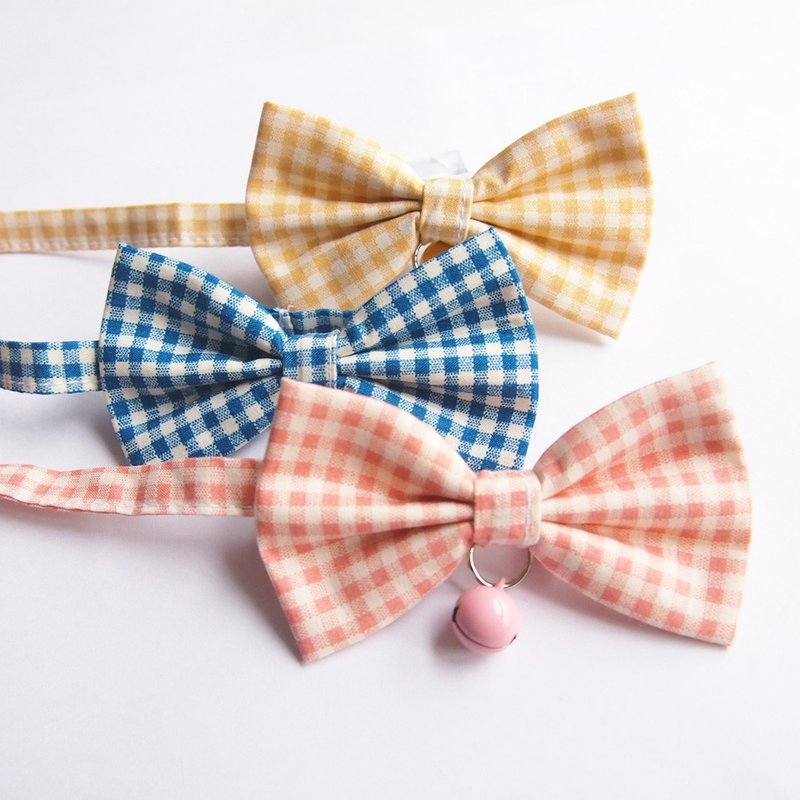 格子款 蝴蝶结宠物装饰项圈 猫咪 小型犬 迷你犬 - 项圈/牵绳 - 棉．麻 粉红色