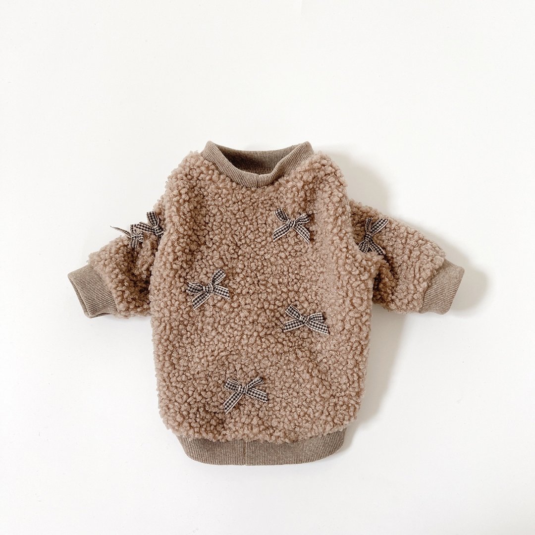 狗狗衣服/蓬松贵宾犬绒缎带上衣 - 衣/帽 - 棉 咖啡色