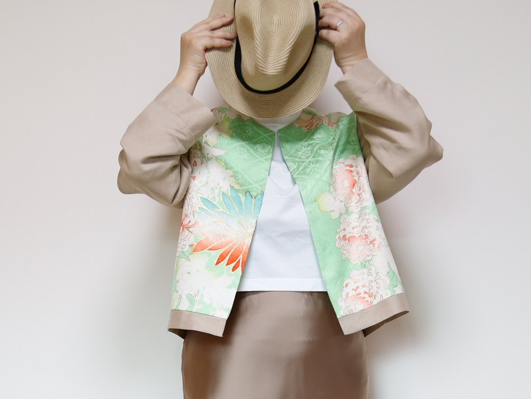 KIMONO CREW NECK JACKET - 采用复古和服布料制成的圆领外套，独一无二 - 女装休闲/机能外套 - 聚酯纤维 绿色