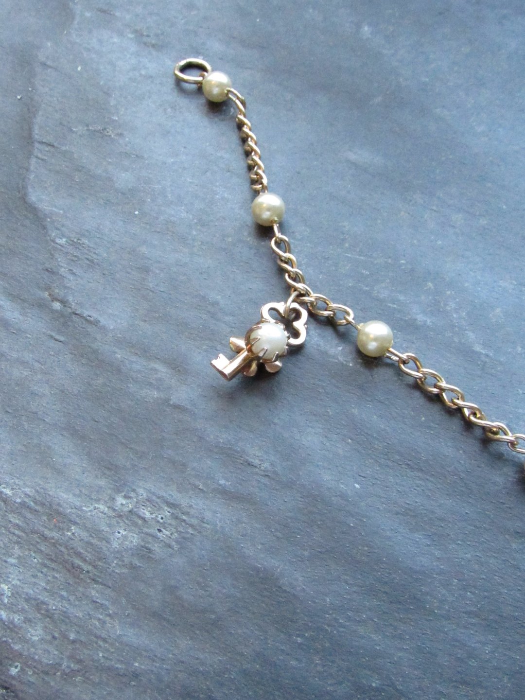 Vintage Victorian Key Pearl Bead Gold Anklet - 脚链/脚环 - 贵金属 金色