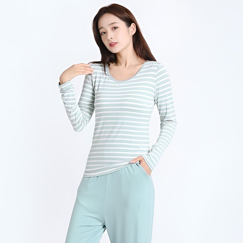 Pink Lady 罩杯式 莫代尔棉无钢圈 条纹圆领外穿长袖长裤居家睡衣 - 居家服/睡衣 - 其他人造纤维 绿色