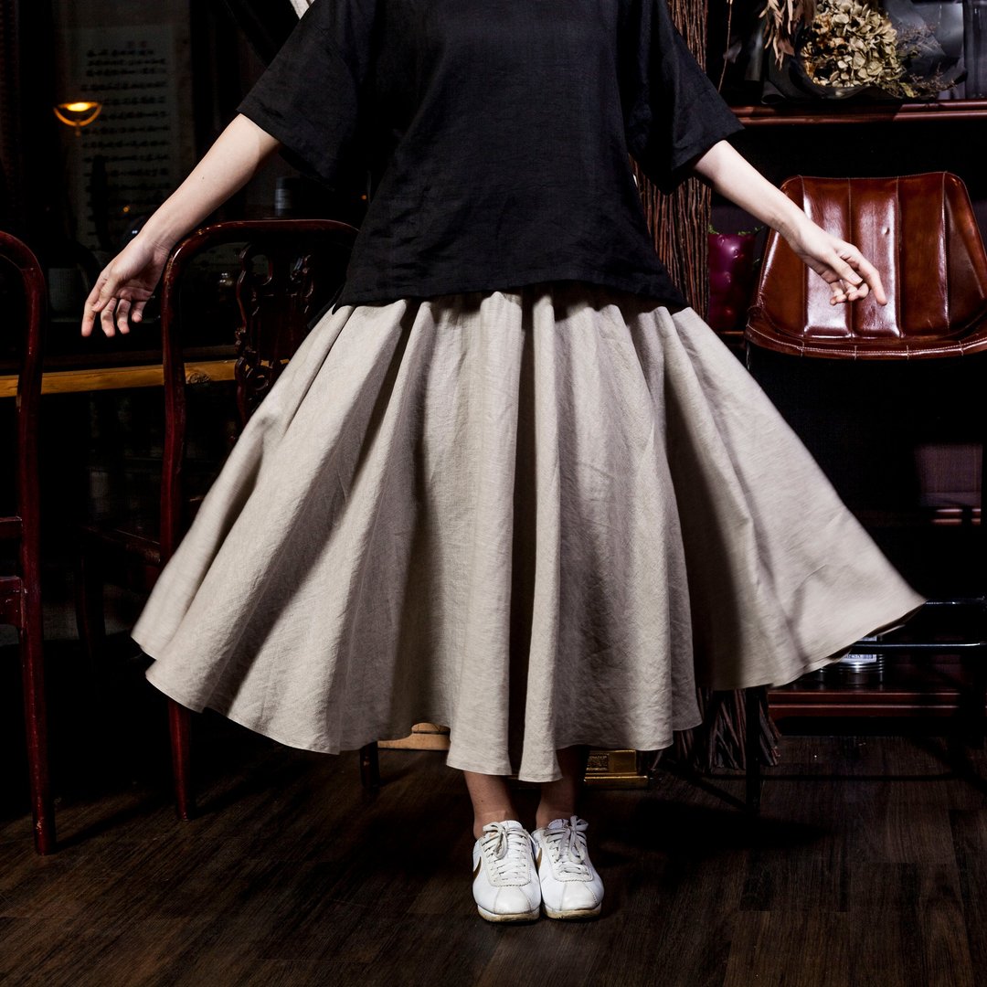 纯亚麻原色计划100%LINEN SKIRT长圆裙_BS002 - 裙子 - 棉 卡其色