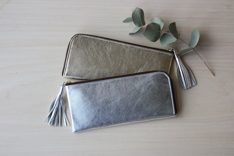 Slim long wallet Silver in goat leather - 皮夹/钱包 - 真皮 银色