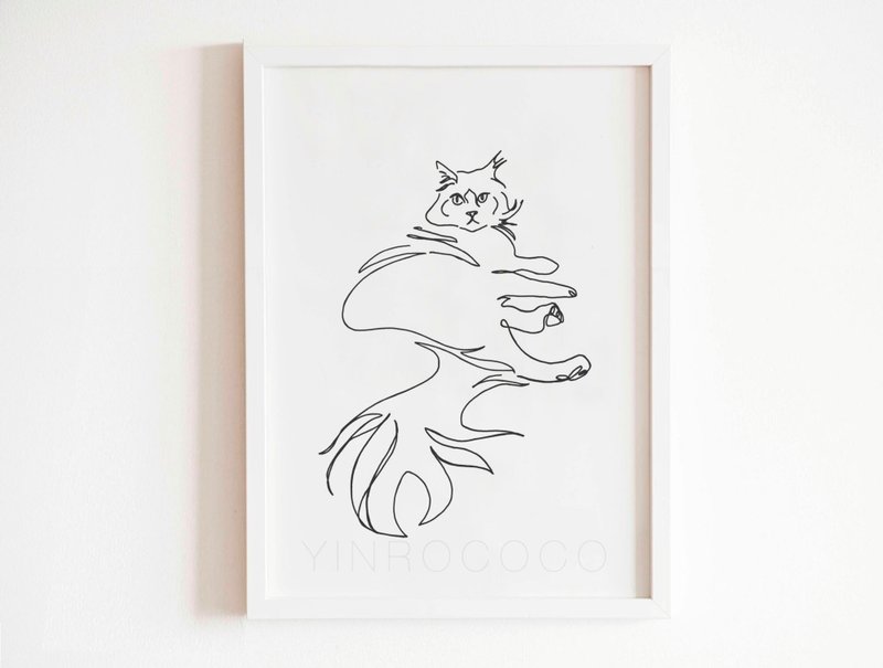 时尚宠物画 线条画 有/无字样  猫咪 猫 订制画 定制化礼物 - 订制画像 - 纸 白色