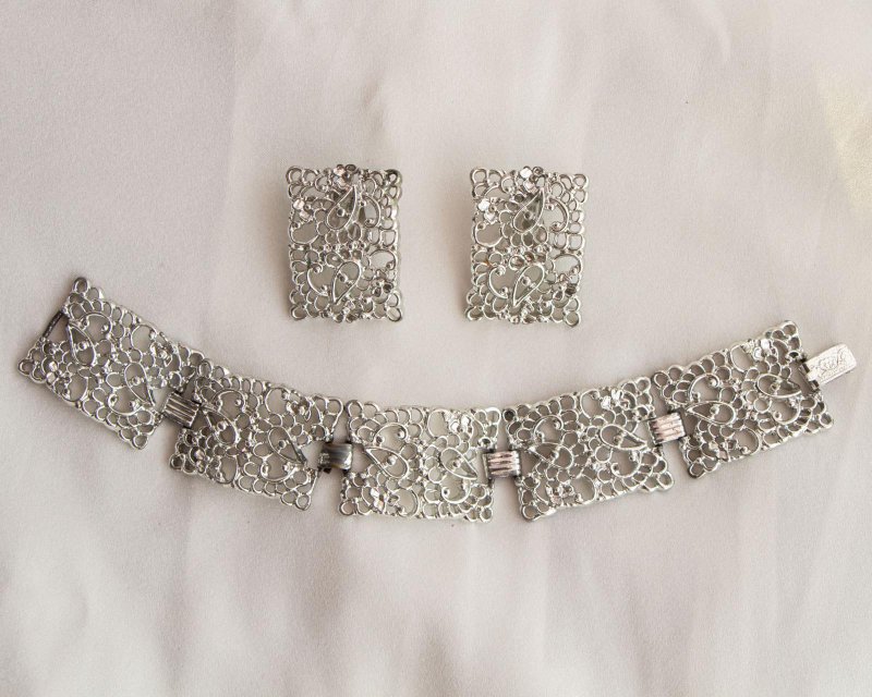 美国Emmons品牌古董 Frosted Lace镂花蕾丝设计 银色手链耳夹套组 - 手链/手环 - 其他金属 银色