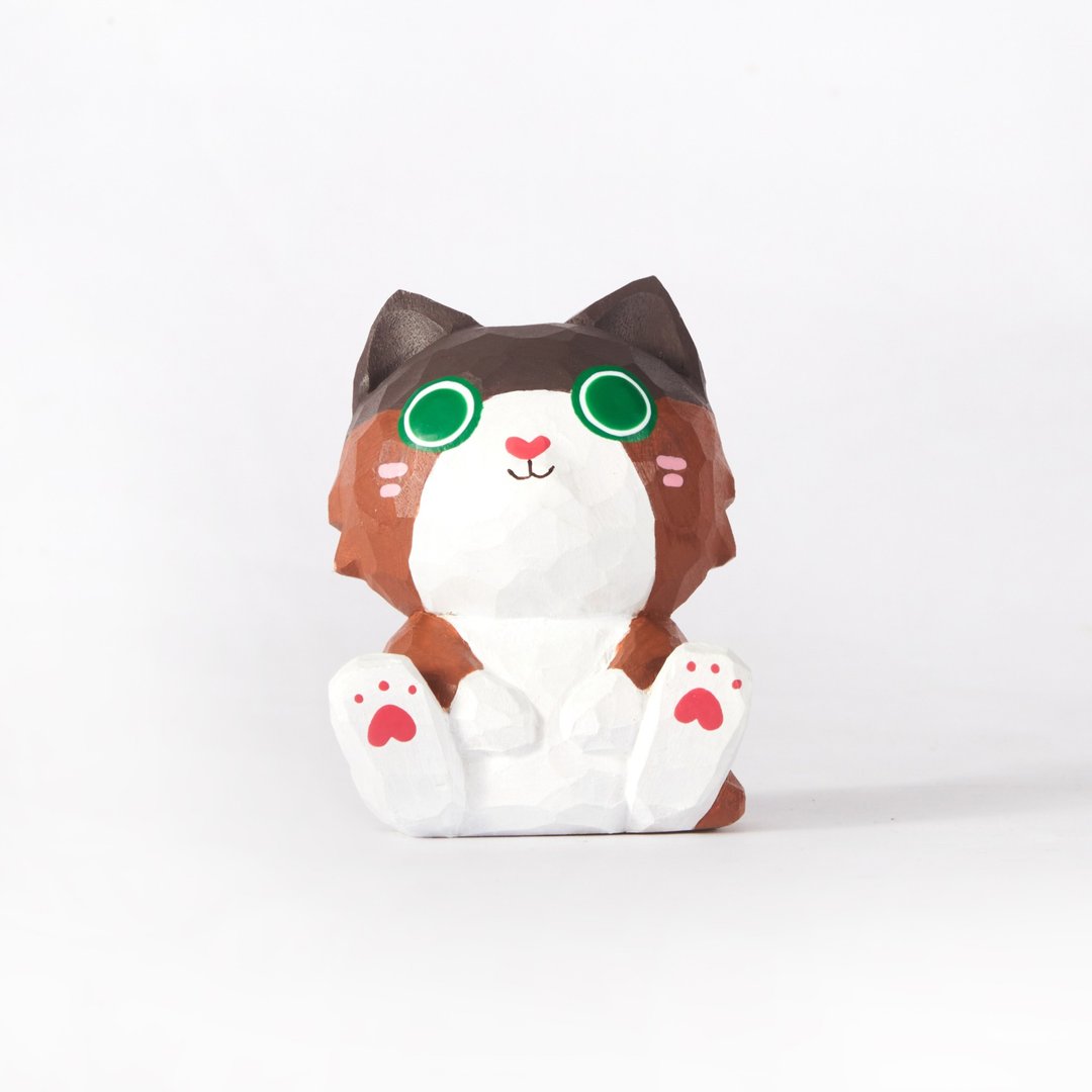Kumo 猫 - 象征勇气与无畏的木雕猫 - 摆饰 - 木头 咖啡色