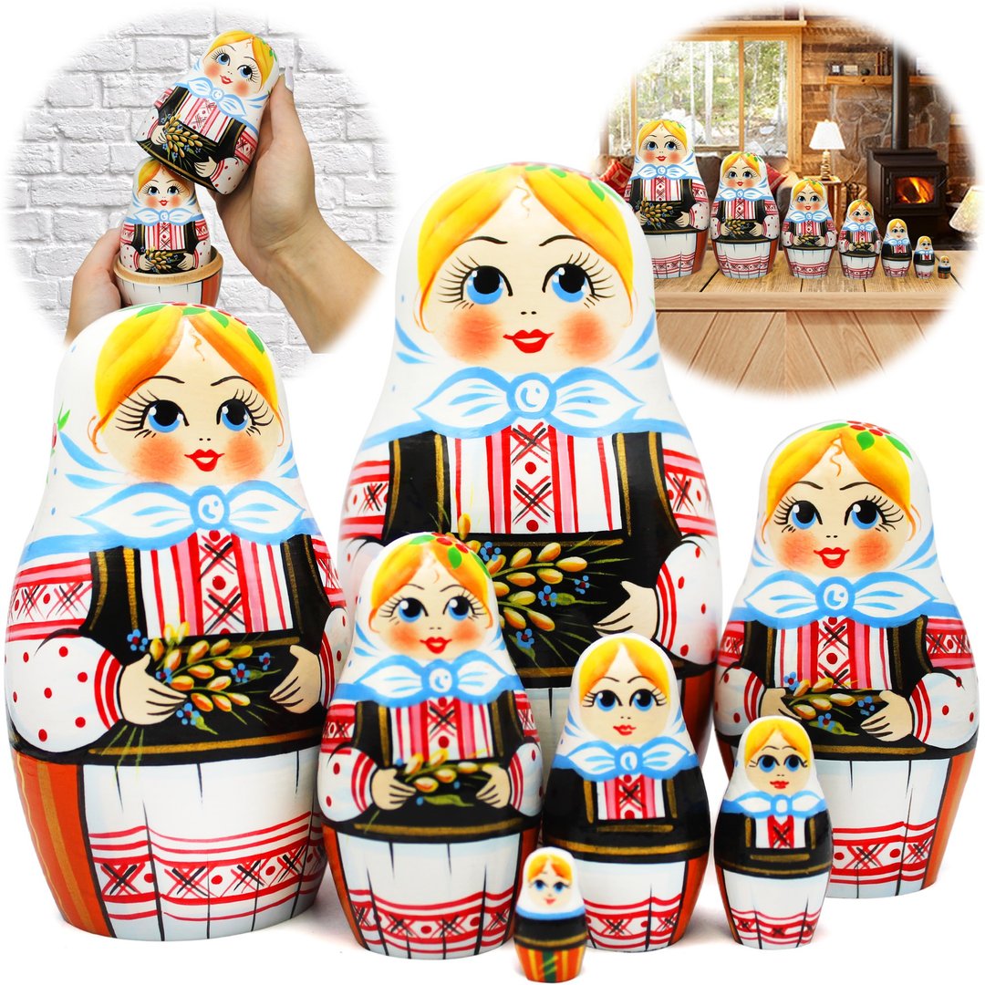 Wooden Stacking Matryoshka Dolls in Folk Slavic Outfit with Spikelets - 玩具/玩偶 - 木头 多色