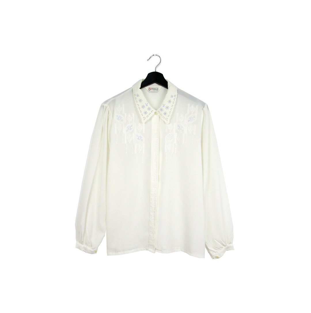Back to Green:: 日和感丝质白衬衫 粉蓝花朵//vintage shirt - 女装衬衫 - 丝．绢 