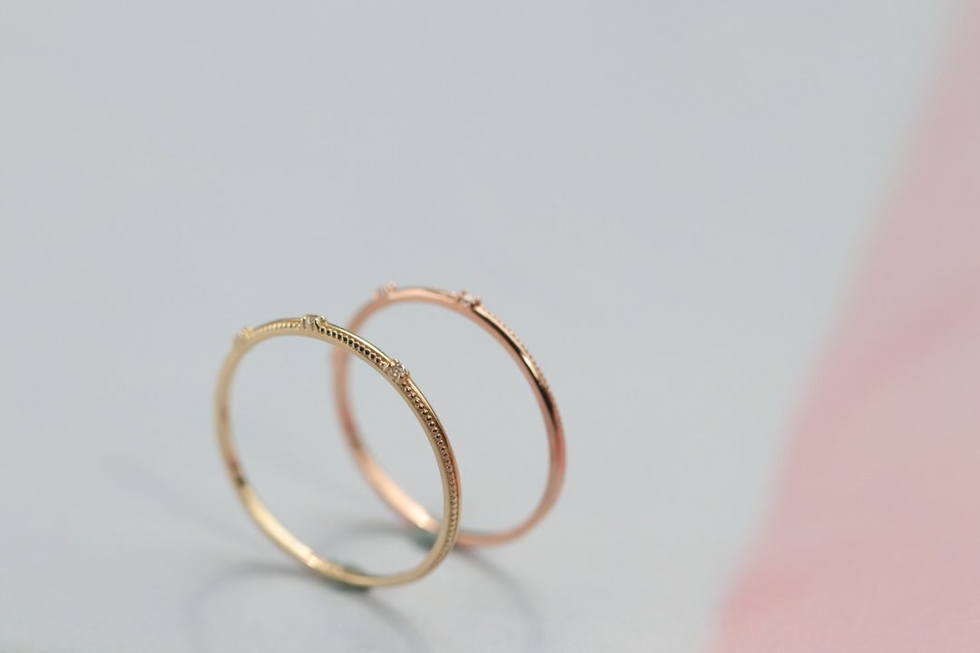 纯14K Triple CZ Milgrain Ring 简约珠边三钻线戒 - 戒指 - 贵金属 金色
