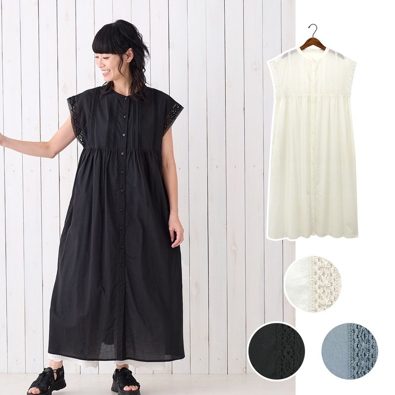 【预订】印度制 蕾丝钮扣背心连身裙 - 女装上衣 - 棉．麻 黑色