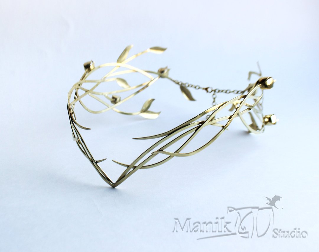 Elven tiara | Wedding tiara | Cosplay jewelry | Elf Diadem | Circlet crown - 发带/发箍 - 其他金属 金色