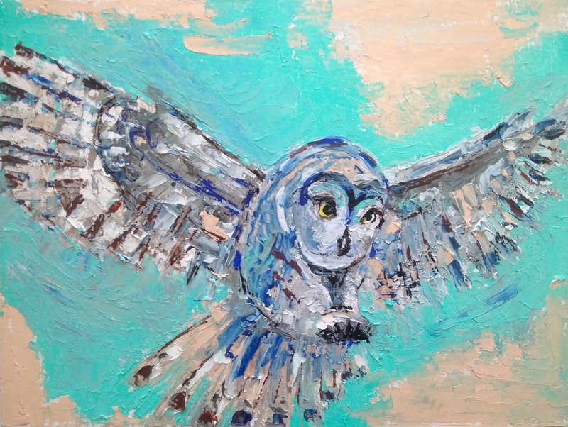 Owl Original Painting, Bird Wall Art, Miniature Oil Artwork, Animal Art, 手工油畫 - 海报/装饰画/版画 - 其他材质 多色