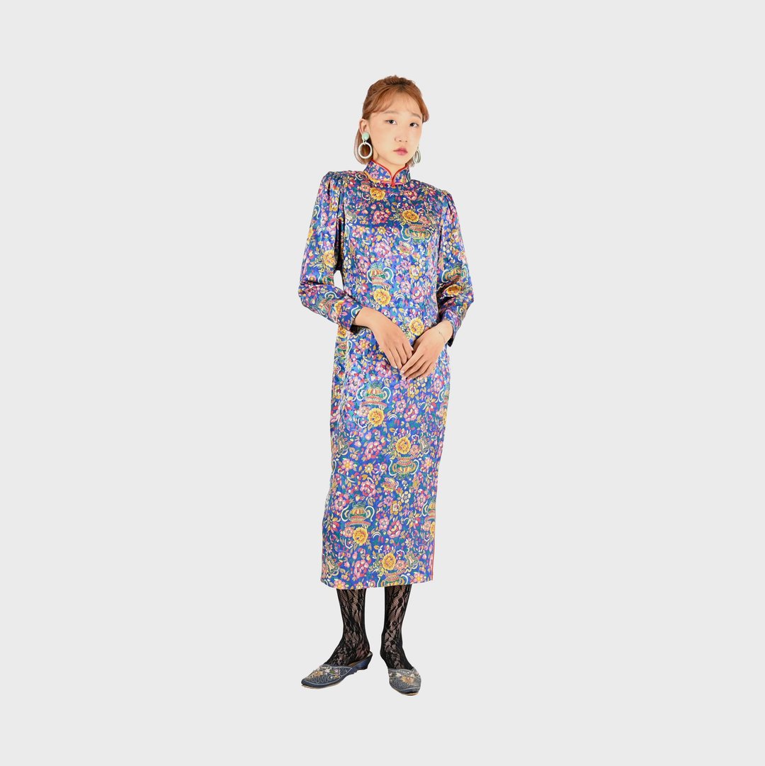 【蛋植物古着】星花宇宙缎面印花古着旗袍 - 旗袍 - 其他人造纤维 