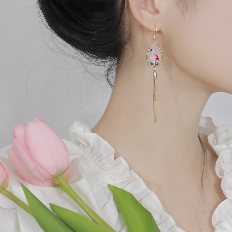 元森手作 纯手工双面刺绣梦幻少女系ins文艺个性 火烈鸟流苏耳环 - 耳环/耳夹 - 纯银 粉红色