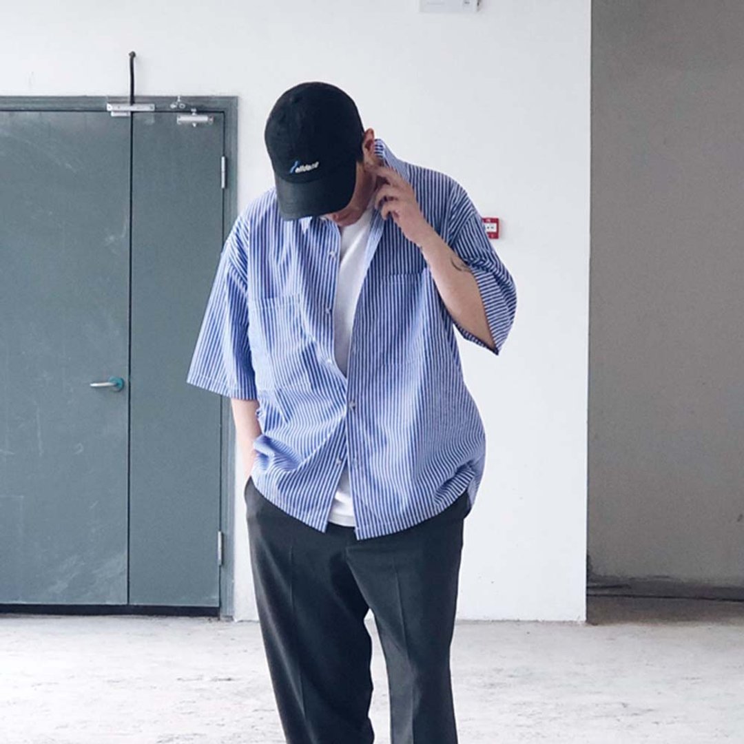 日系CITYBOY蓝白条纹宽松短袖衬衫 I 7AB - 男装衬衫 - 棉 