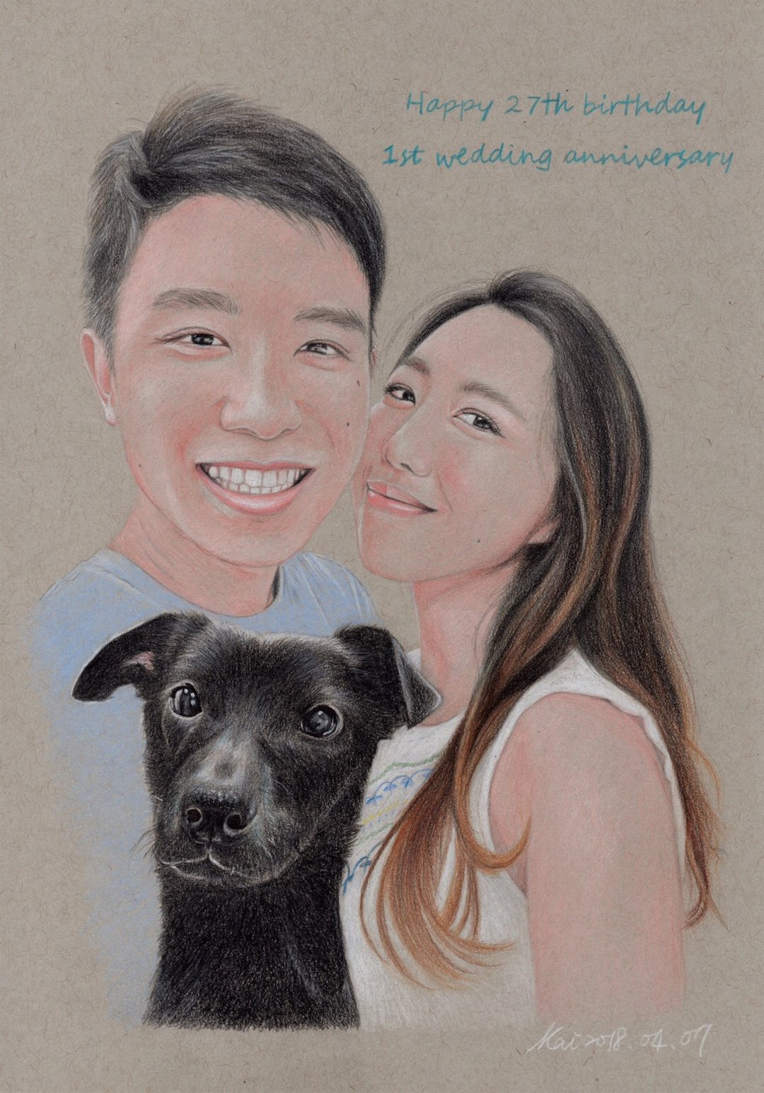 定制化 人像画 宠物画 色铅笔作品 三单位 含透明框 - 订制画像 - 纸 