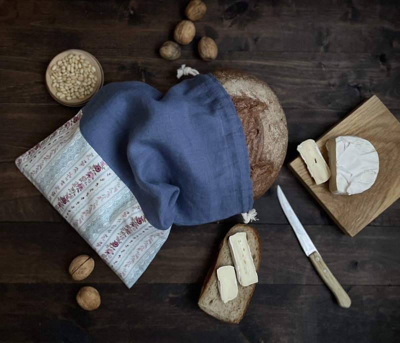 Linen Reusable Drawstring Sourdough Bread Bag, Cottage Style, Gift for Mom - 调味罐/酱料瓶 - 亚麻 蓝色