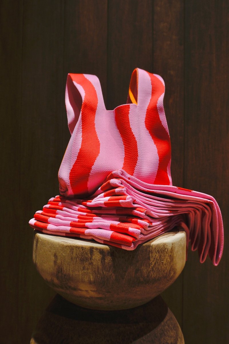 针织提袋 | 波浪的红白条纹 - 手提包/手提袋 - 聚酯纤维 红色