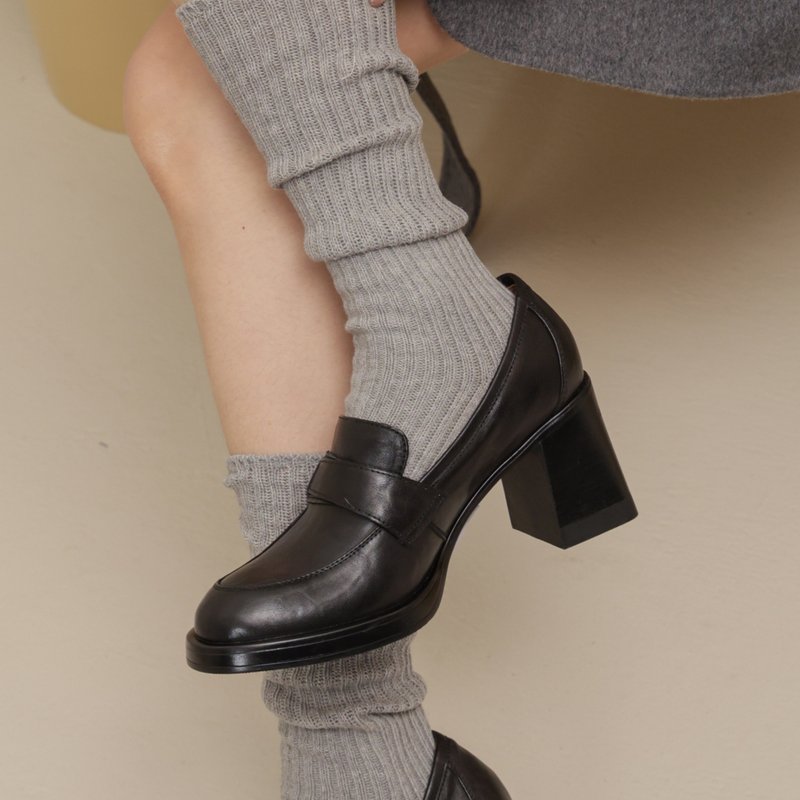 法式女孩-粗高跟牛皮穆勒鞋-黑色 - 高跟鞋 - 真皮 黑色