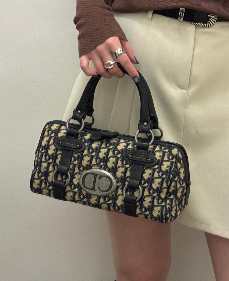中古Dior punk造旧大银牌 深海军蓝老花手提法棍包 送肩带斜背 - 侧背包/斜挎包 - 真皮 蓝色