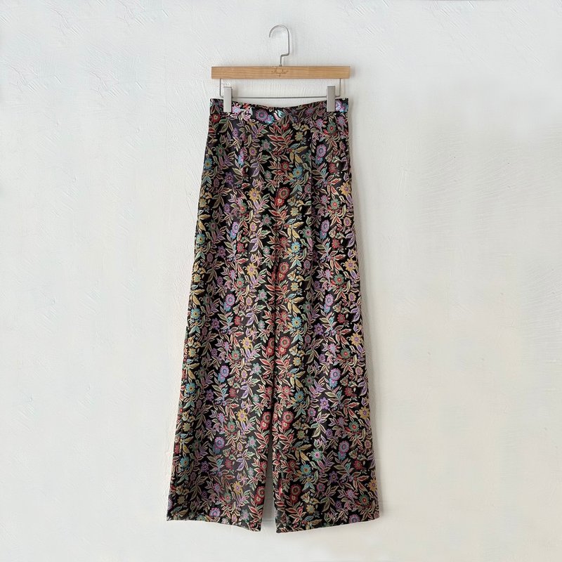 订制系列-高腰单打折长裤(缎面绣花) - 女装长裤 - 其他材质 黑色