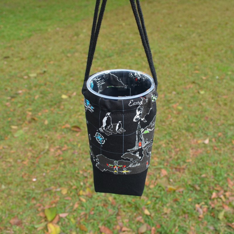 环游世界束口环保杯袋 饮料提袋 保温瓶提袋 手作 帆布 方便 - 随行杯提袋/水壶袋 - 棉．麻 黑色