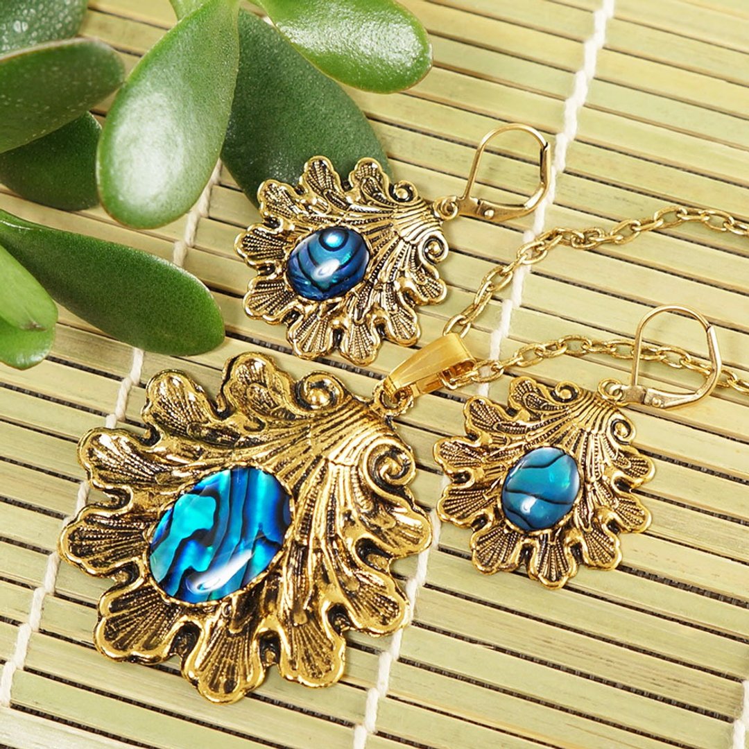 Necklace and Earrings Jewelry Set Blue Abalone Paua Shell Golden Jewelry Set - 项链 - 贝壳 蓝色