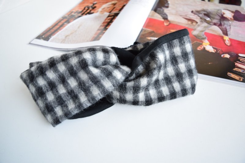 wool  hairband check pattern black×white - 发带/发箍 - 棉．麻 白色