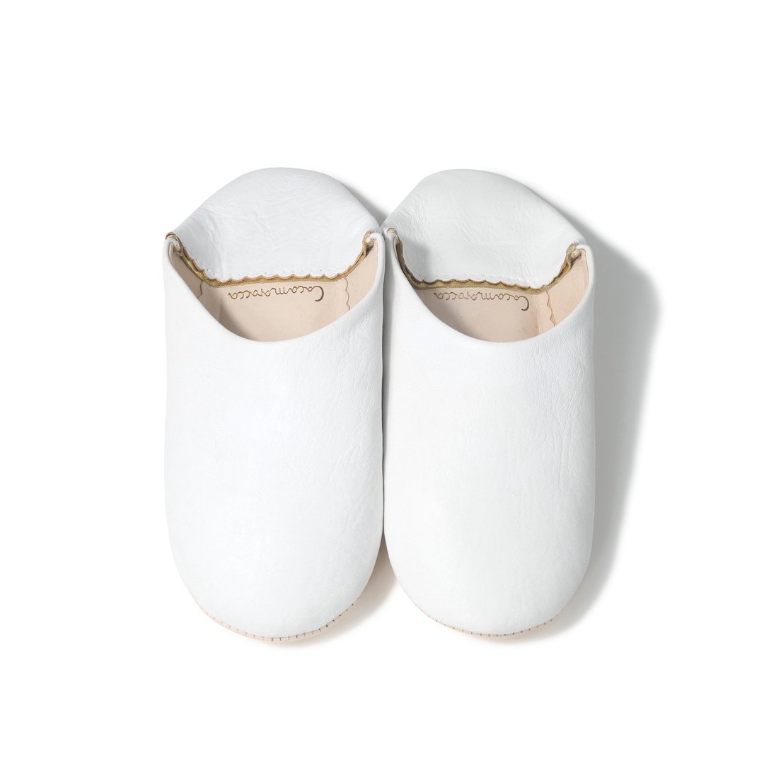 高品质 白色 / 摩洛哥 无异味 经典皮革 Babouche 拖鞋 手工制作 - 室内拖鞋 - 真皮 白色