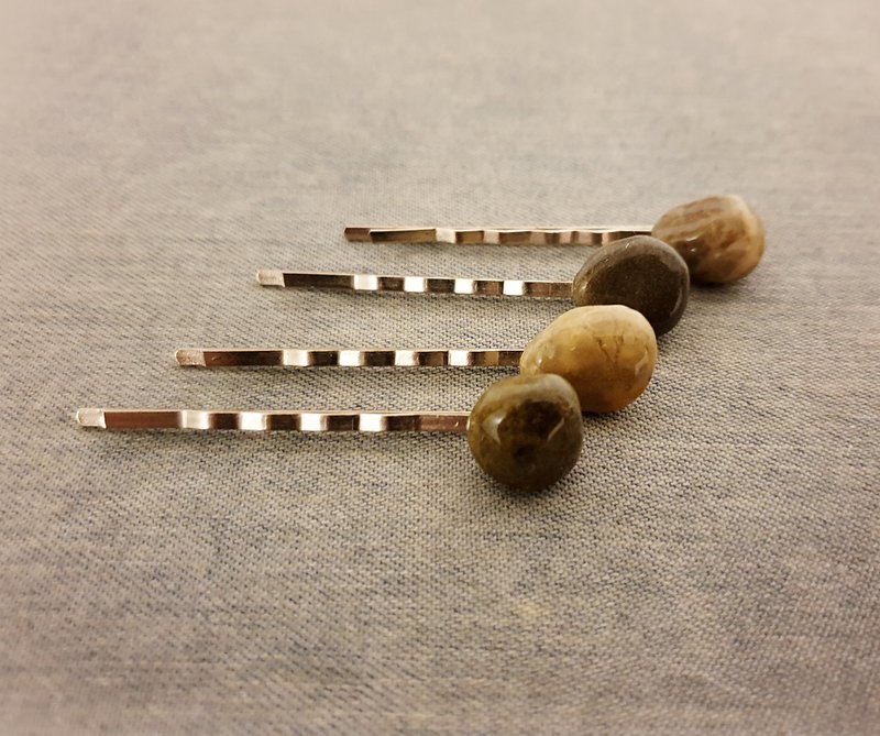Beach Pebble Bobby Pins Set of 4, Rustic Hair Clips, Four Sea Stone Bobbies - 发饰 - 石头 咖啡色