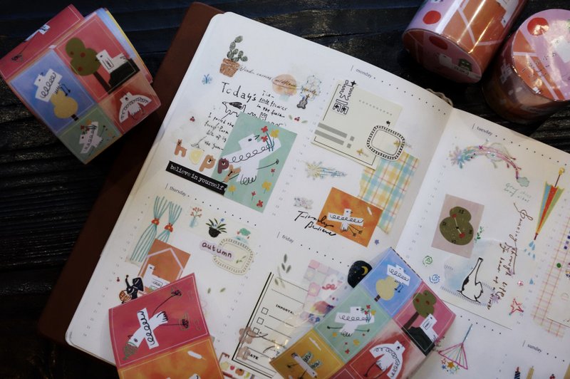 一只小小鸟 カラフル抽象アート柄 手帳デコ 和紙膠帶 (kiss-cut) - 纸胶带 - 其他材质 多色