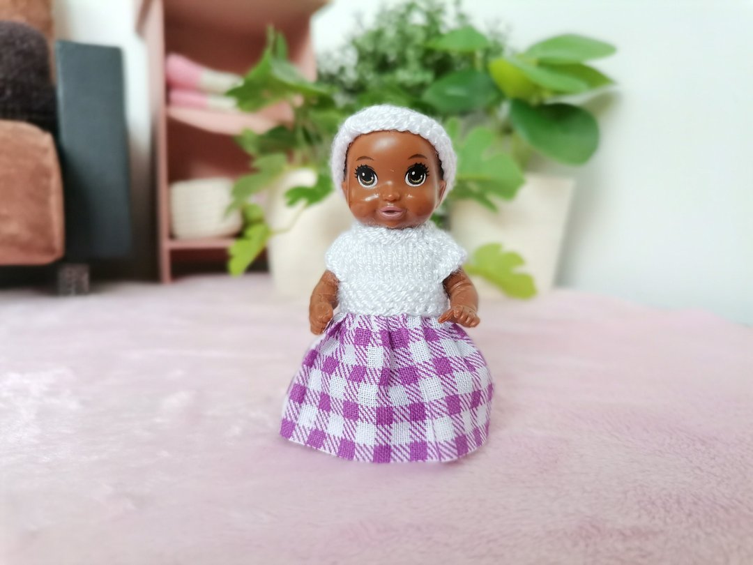 Combined dress and headband for Barbie Baby doll and 6cm dolls - 玩具/玩偶 - 棉 白色