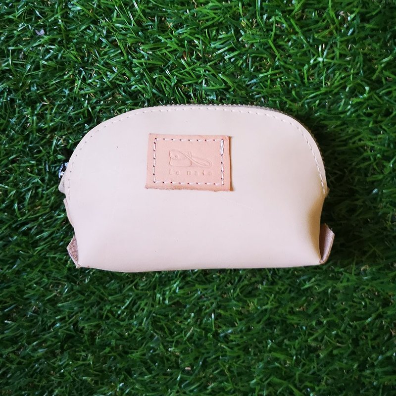 拉链式牛皮零钱贝壳包-原色半植鞣牛皮 - 零钱包 - 真皮 