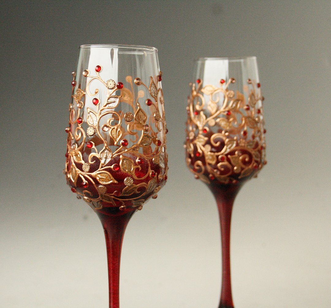 Burgundy dark red Champagne Wine Glasses with copper floral design.Hand Painted - 酒杯/酒器 - 玻璃 红色